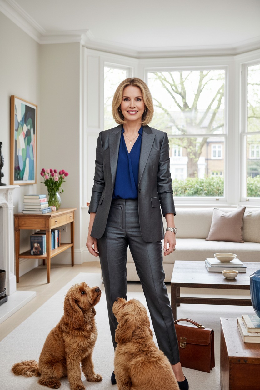 A professional woman in a grey suit and blue blouse stands in a bright living room with two golden-colored dogs.